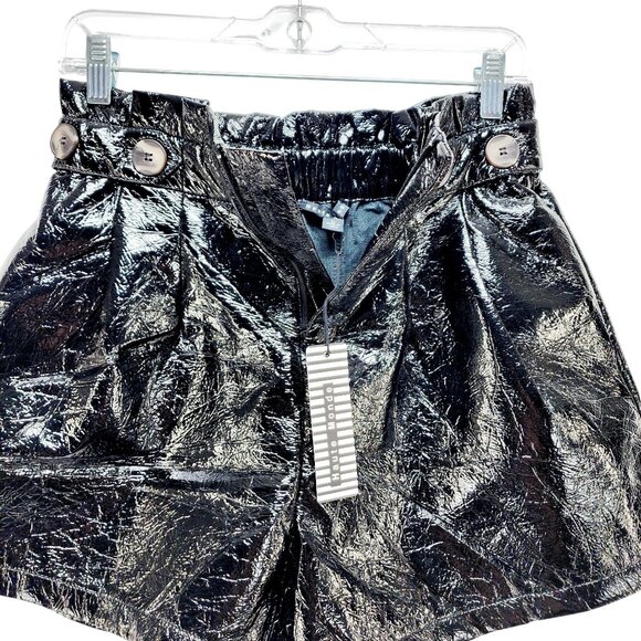 Shiny Black Faux Leather High-Waisted Shorts With Button Details Size L - Picture 5 of 8